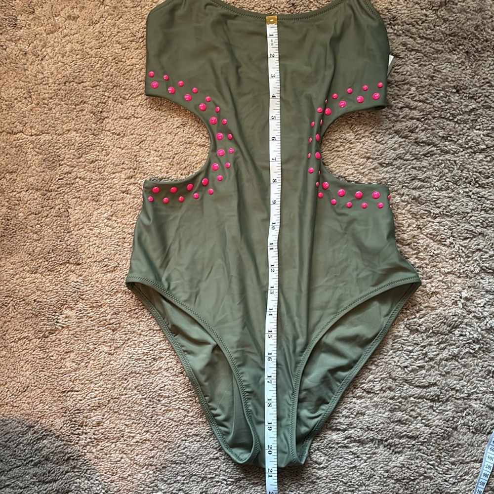 NWT Aerie Green Cut Out Full Coverage One Piece Swimsuit w/ Pink Accents Size S - Picture 10 of 10